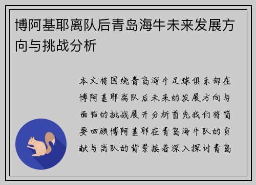 博阿基耶离队后青岛海牛未来发展方向与挑战分析